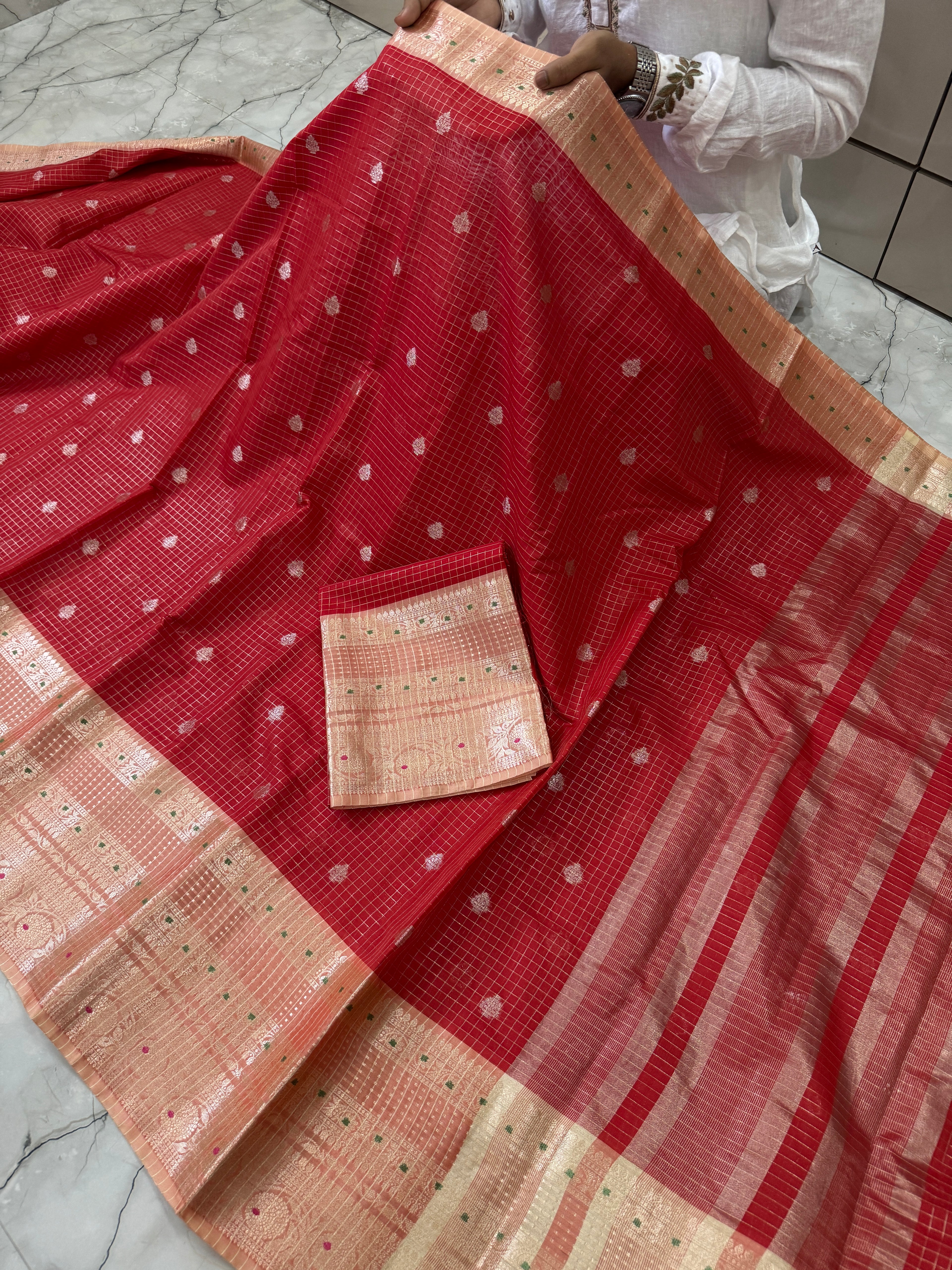BANARASI SEMI KATAN SILK CHCK TISSU BOTI SAREE WITH RICH PALLU & BLOUSE