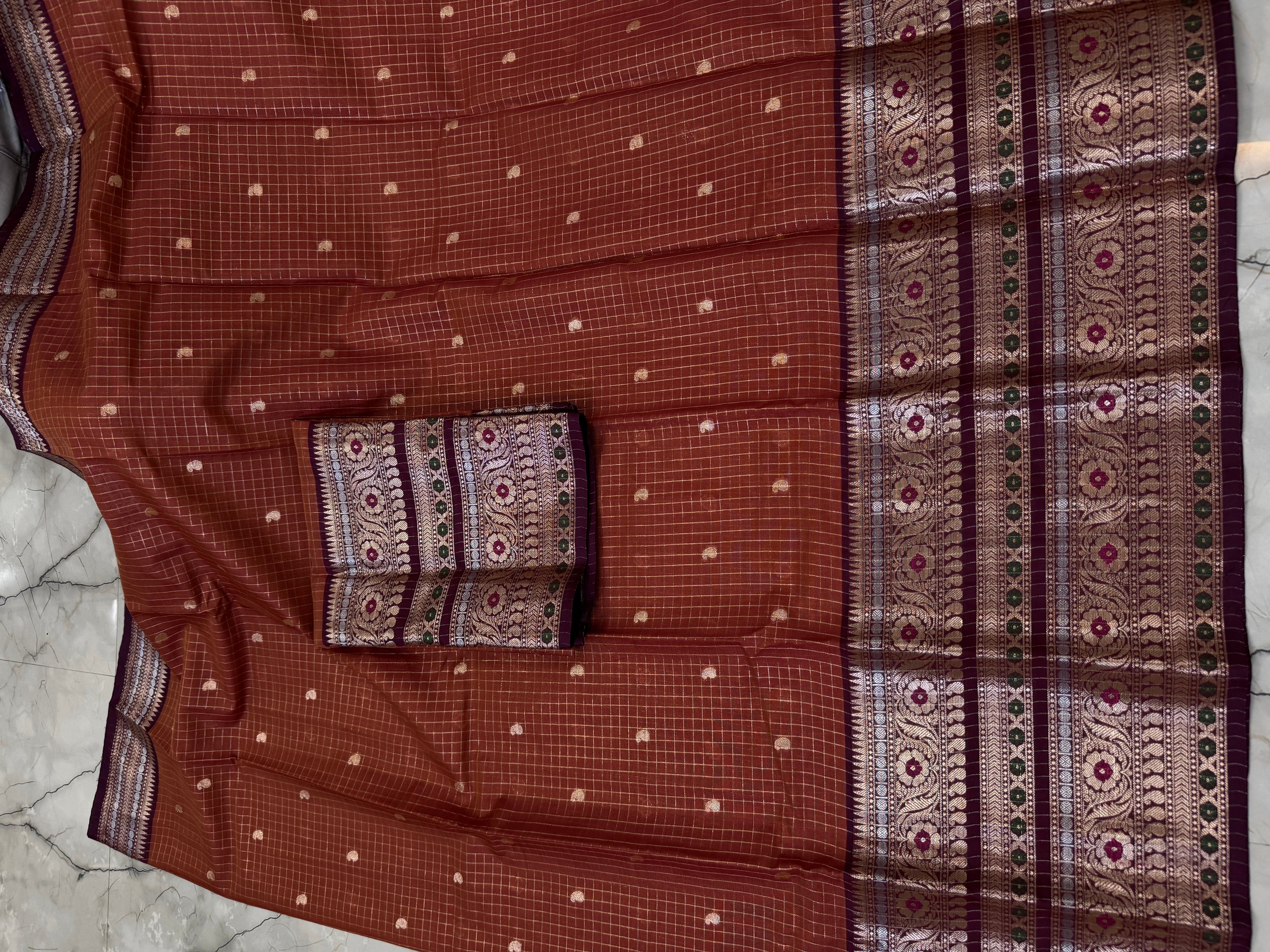 BANARASI SEMI GEORGETTE CHCK BOTI SAREE WOTH RICH PALLU & BLOUSE