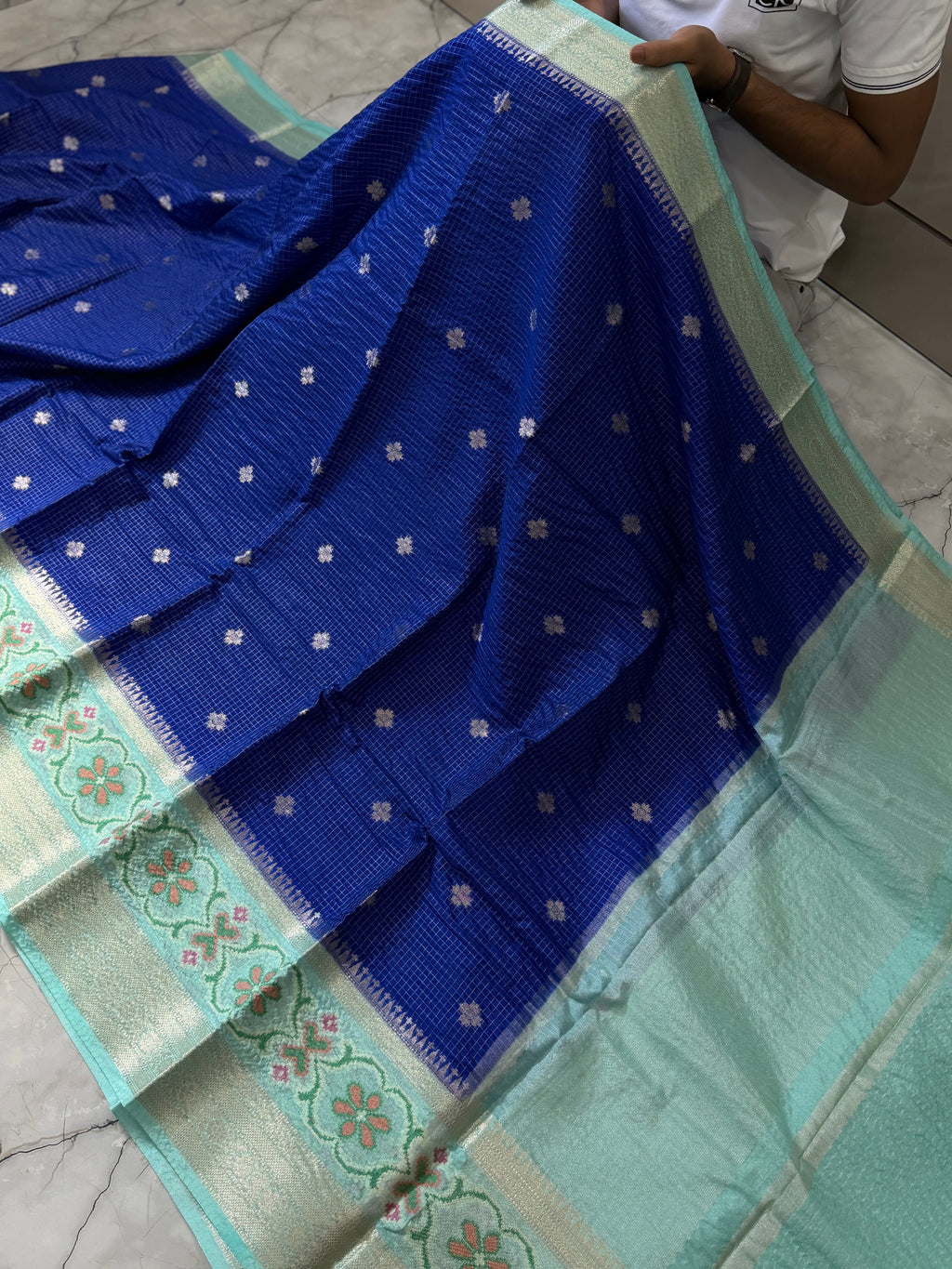 Semi katan Tissu chck boti silk saree with rich pallu & blouse
