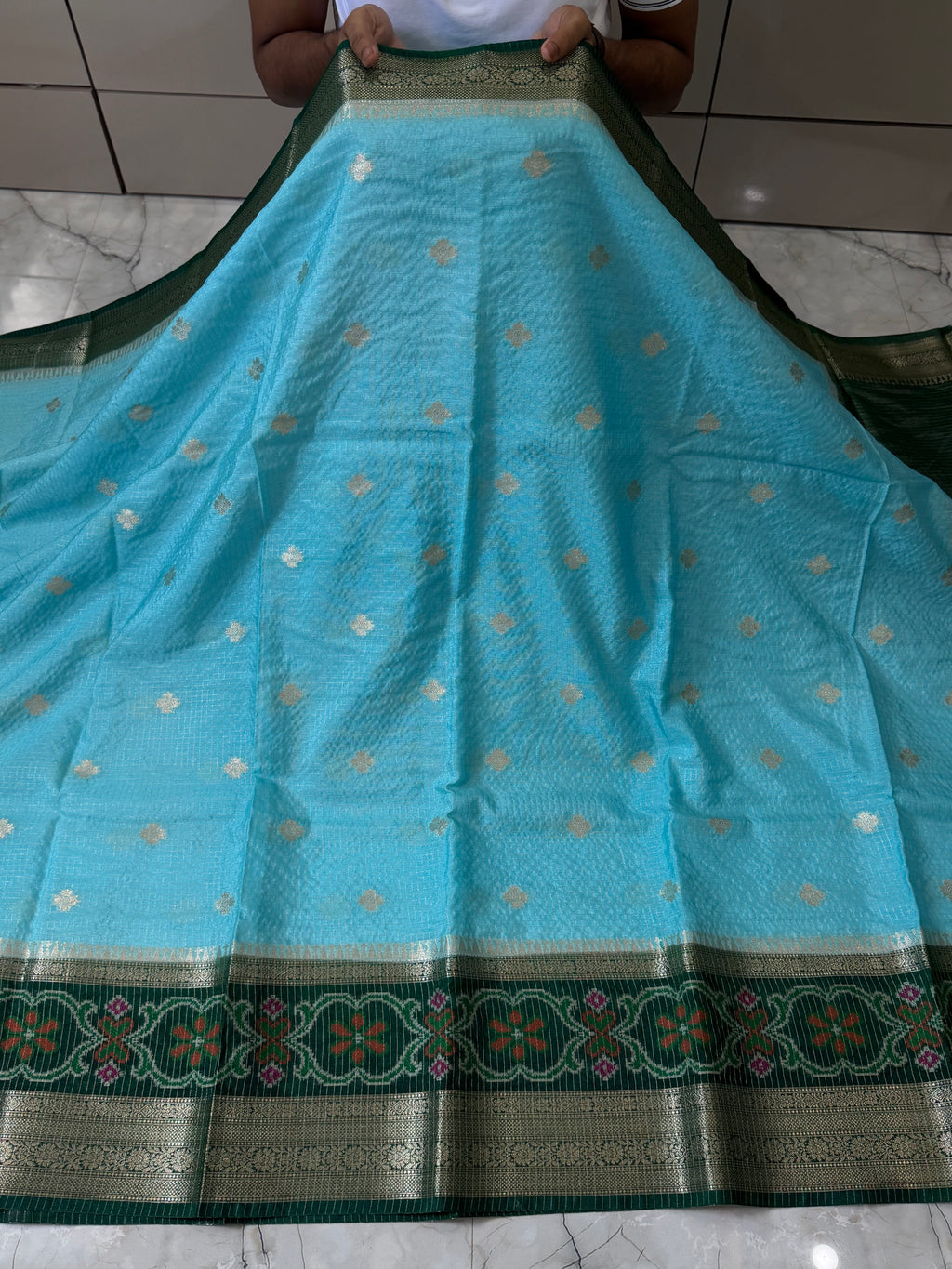 Semi katan Tissu chck boti silk saree with rich pallu & blouse