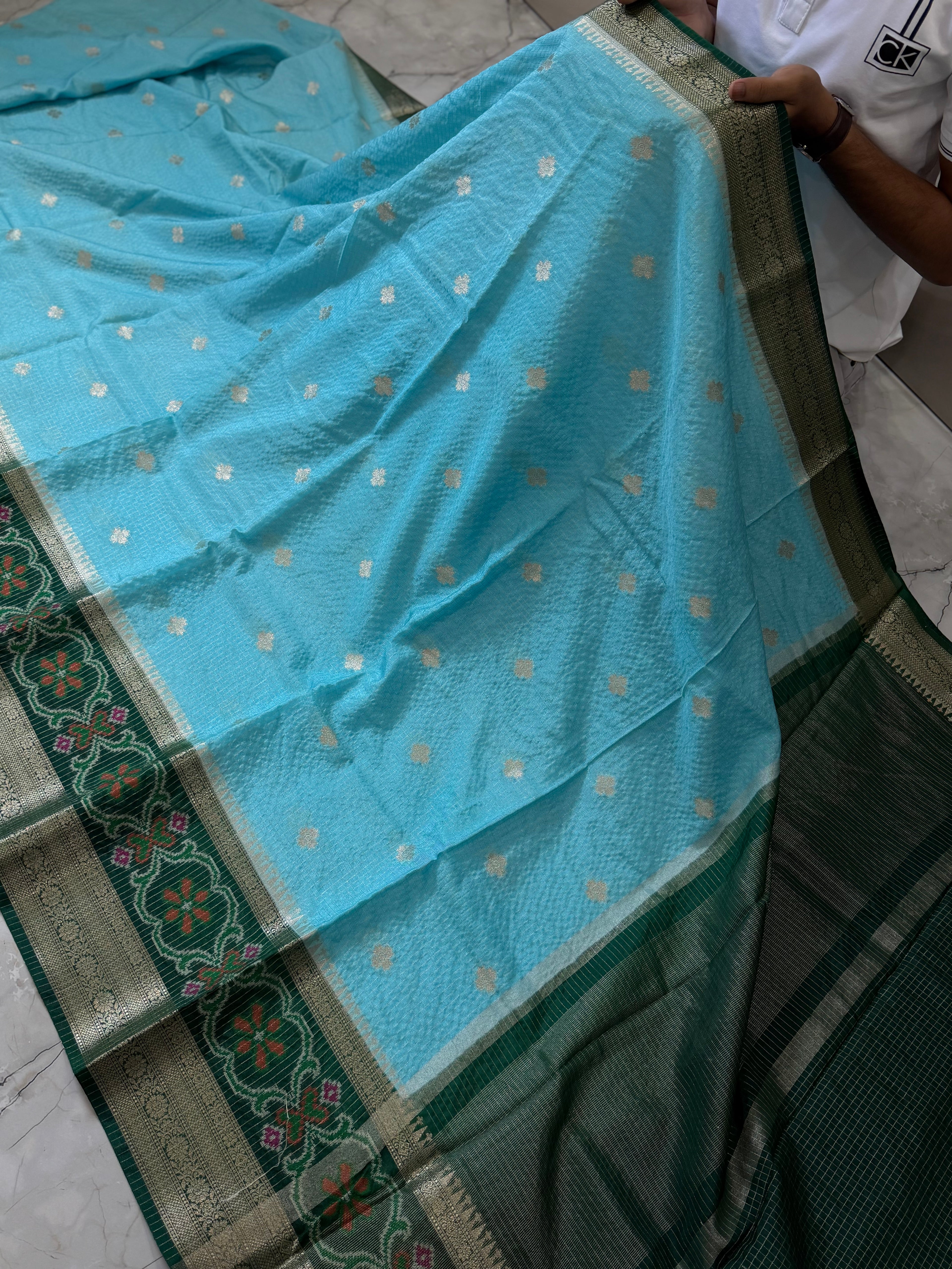 Semi katan Tissu chck boti silk saree with rich pallu & blouse