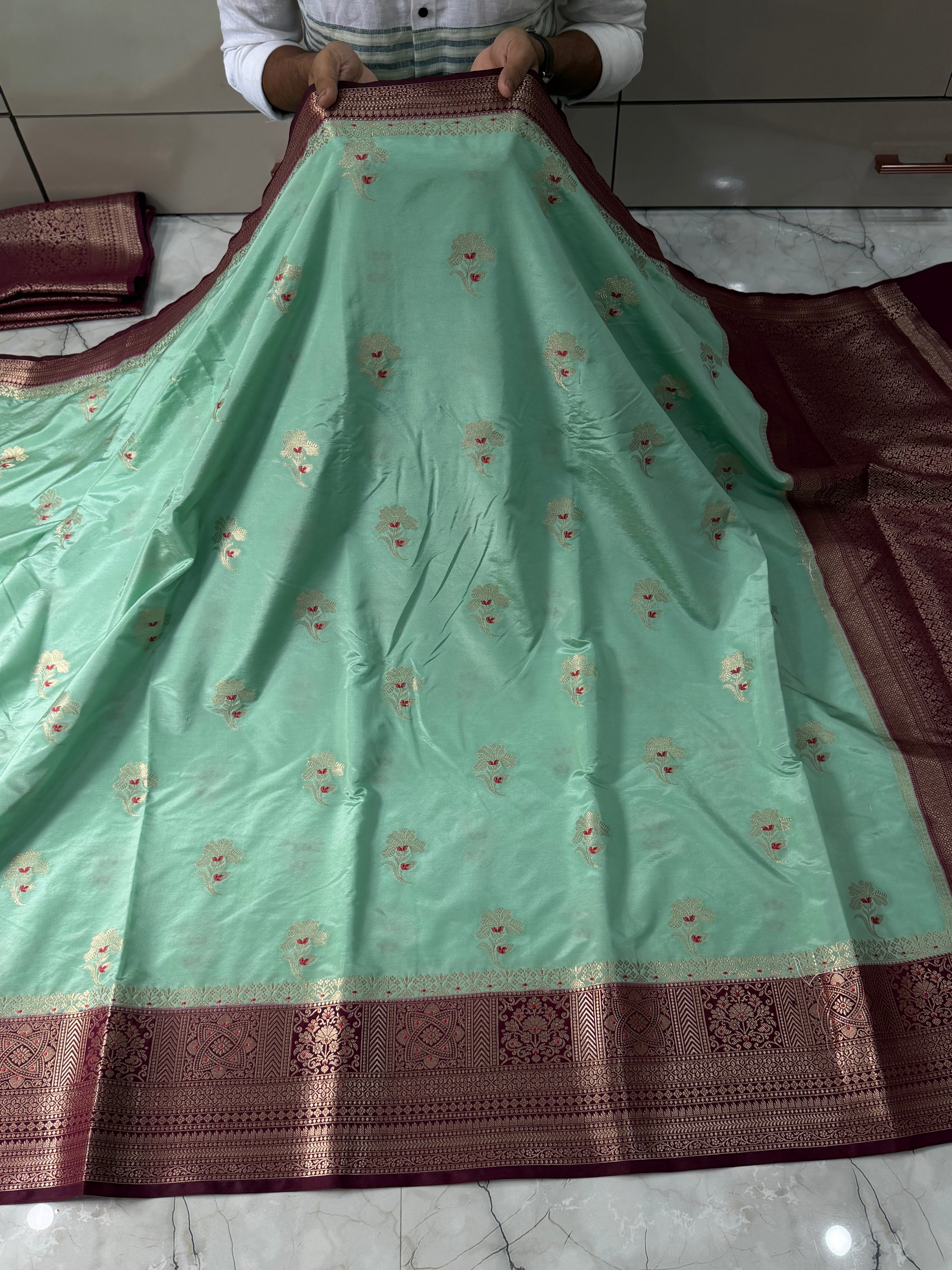 Semi katan silk saree with rich pallu & blouse