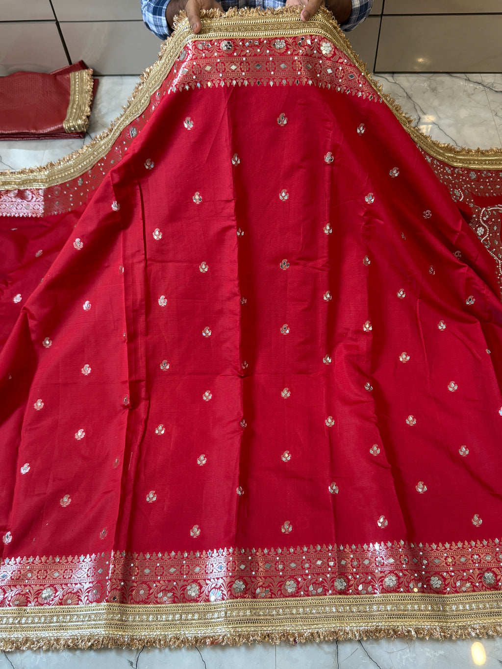 Semi katan mirror work silk saree with rich pallu & blouse