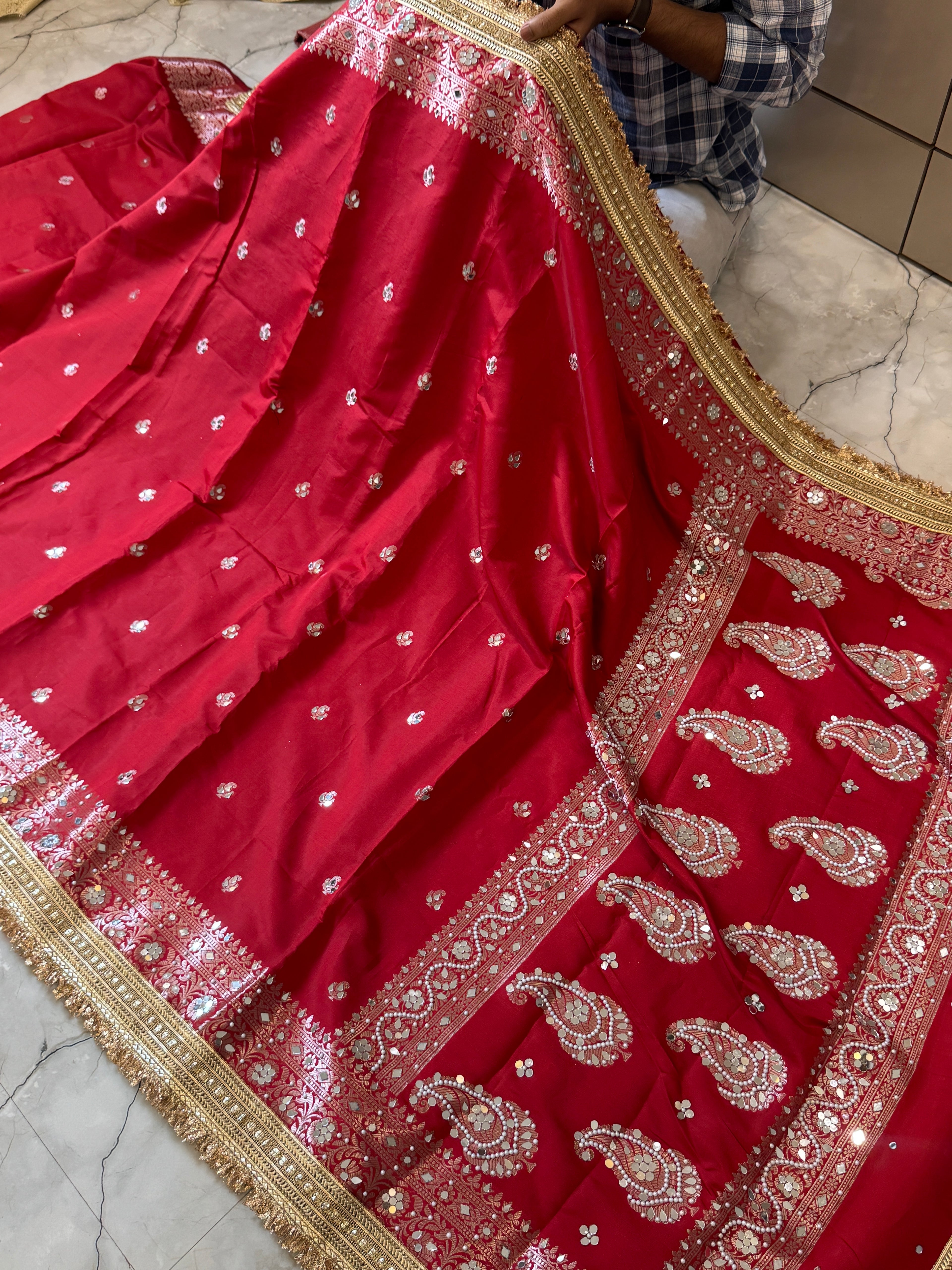 Semi katan mirror work silk saree with rich pallu & blouse