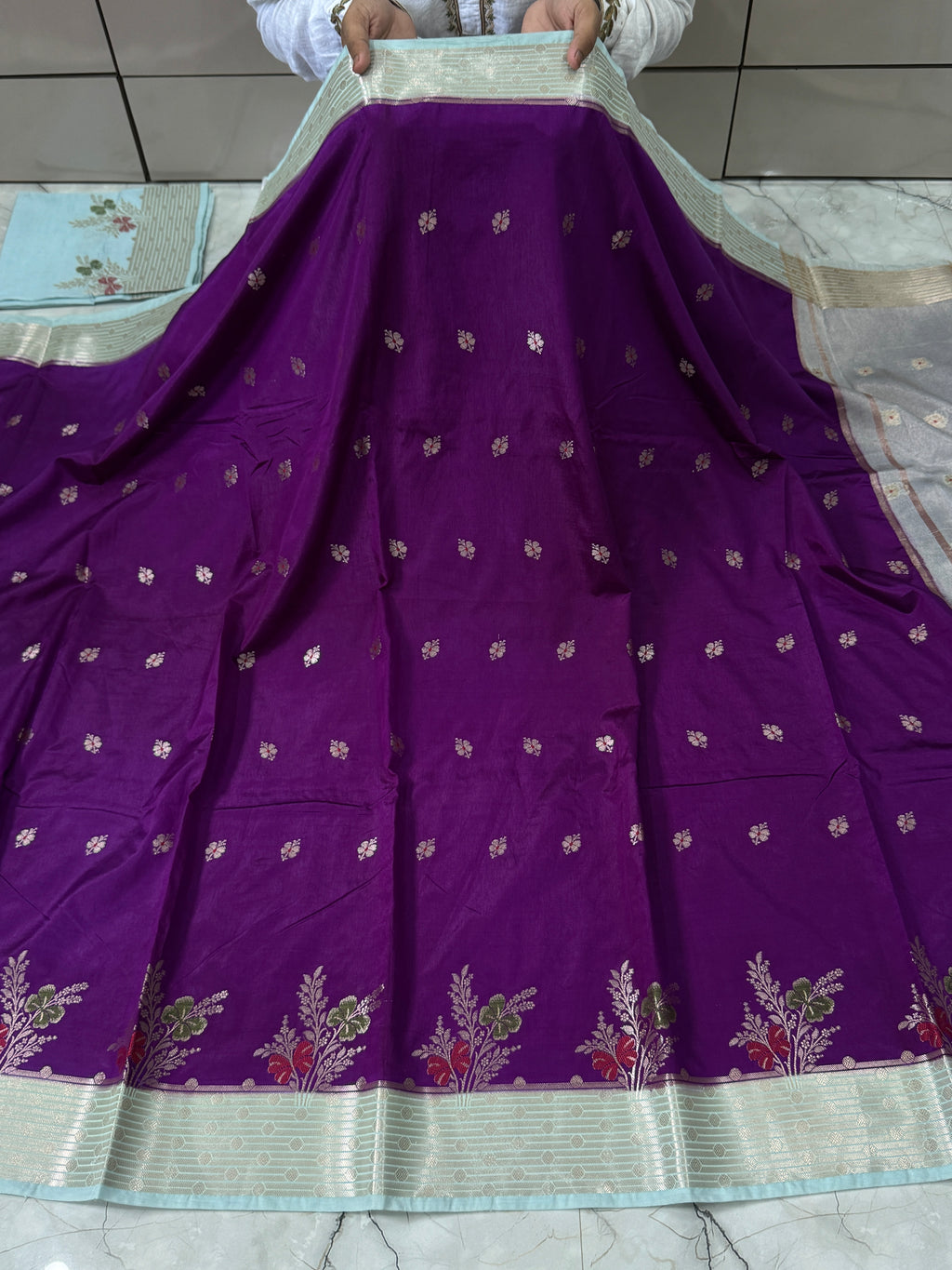 Semi katan silk saree with rich pallu & blouse